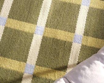 Swedish Scandinavian Modern Minimalist Design. Handwoven Olive Beige Blue Chic Wool Area Rug.