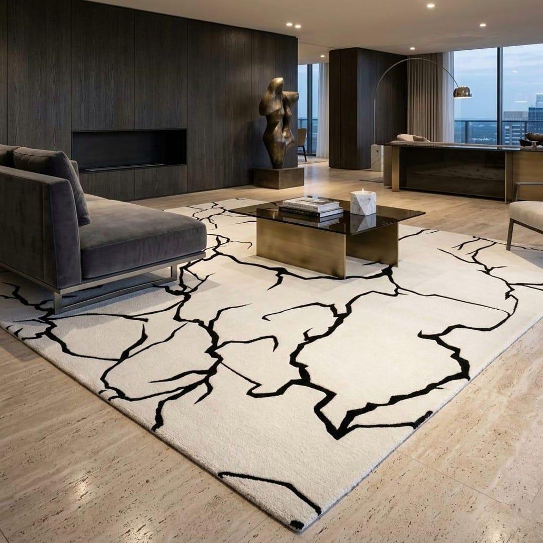 Creak Pattern Rug Modern Abstract Crack Pattern Rug, Black and White Minimalist Area Rug ...