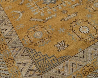 8x10 Mustard Yellow Persiann Khotan Hand Knotted Fine Quality Wool Rug