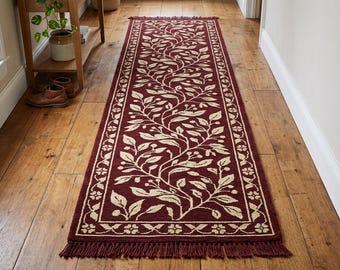Hand Knotted Burgundy Red Botanical Vine Rug Made to Order 8x10 9x12 10x14 Custom Size Floral Hallway Runner Area Carpet