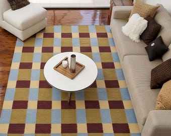 Burgundy Blue Gold Runner Rug, Scandinavian Modern Minimalist Rug, Entryway Kitchen Stairway Rug, Geometric Checkered Carpet, Custom Size