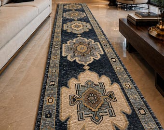 Hand Knotted Runner Rug Wool Vintage Medallion Carpet Traditional Navy Blue Hallway Runner