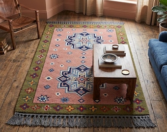 Hand Knotted Pink Boho Rug Made to Order 8x10 9x12 10x14 Custom Size Geometric Tribal Living Room Area Carpet