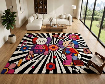 Hand Tufted Pop Art Area Rug, KAWS and Murakami Inspired Hypebeast Carpet with Black and White Spiral Background, Custom Size Room Decor