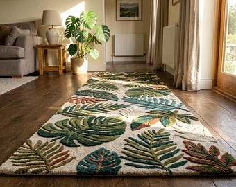 Hand-Tufted Botanical Leaf Runner Rug – 3D High-Low Wool Hallway Carpet