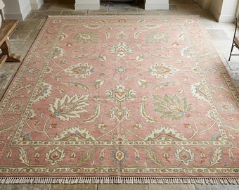 Pink Oushak Floral Area Rug Made to Order 8x10 9x12 10x14 Custom Size Traditional Hand Knotted Living Room Carpet