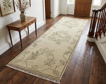 Cream Botanical Leaf Rug Made to Order 8x10 9x12 10x14 Custom Size Green Floral Minimalist Hallway Runner