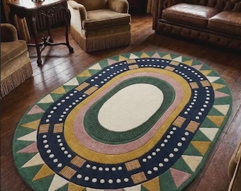 Colorful Oval Tufted Rug, Geometric Abstract Area Rug, Retro Boho Carpet, Modern Living Room Rug, Handmade Statement Decor