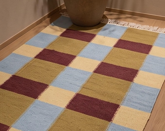 Burgundy Blue Gold Runner Rug, Scandinavian Modern Minimalist Rug, Entryway Kitchen Stairway Rug, Geometric Checkered Carpet, Custom Size