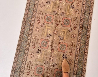 Hand Knotted Oushak Runner Rug, Vintage Turkish Wool Hallway Runner, Beige Pink Oriental Carpet, Entryway Runner, Custom Rug Indian Rug