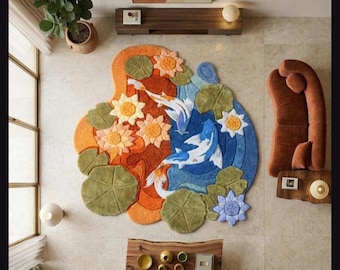 3D Koi Fish Pond Tufted Rug, Yin Yang Water Lily Area Carpet, Serene Oasis