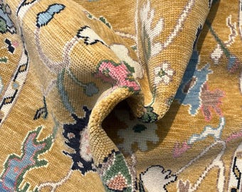 Hand Knotted Wool Rug Luxury Golden Mustard Oushak Rug Saffron Settee Floral Palmette Ivory Border Carpet Bespoke Grand Salon Floor Art rug
