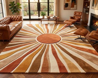 Hand Tufted Sunburst Rug, Mid Century Modern Area Rug, Orange Beige Brown Abstract Carpet, Retro Living Room Decor, Handmade Rug