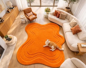 Modern Abstract Orange Shaggy Rug – Irregular Wave Plush Carpet for Living Room