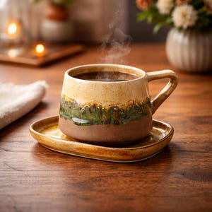 Könnte beinhalten: Ein Keramik-Kaffeebecher und Untertasse. Der Becher ist mit dunkler Flüssigkeit gefüllt und gibt Dampf ab. Der Becher hat eine beige Oberseite, eine grüne und braune Mitte und einen braunen Boden. Die Untertasse hat eine passende beige Farbe. Das Set steht auf einer Holzoberfläche.
