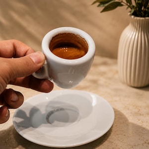 Könnte beinhalten: Eine kleine, weiße Espressotasse, gefüllt mit dunklem Kaffee, wird über einer passenden Untertasse gehalten. Die Tasse hat eine abgerundete Form mit einem kleinen Henkel. Eine weiße Vase mit geripptem Design befindet sich im Hintergrund.