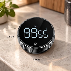 May include: A round black digital kitchen timer with a textured metallic side finish. The display shows white digital numbers with M and S labels. The device measures 2.8 cm in height and 7.8 cm in width as indicated by the visible dimension lines.