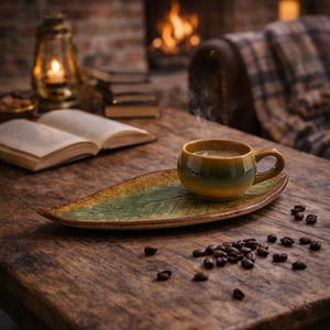 Könnte beinhalten: Ein Keramik-Kaffeebecher und Untertasse mit Blättermuster. Der Becher ist mit Kaffee gefüllt, und Dampf steigt auf. Die Untertasse ist grün und gelb. Kaffeebohnen sind auf dem Holztisch verstreut.