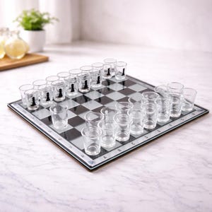 Könnte beinhalten: Ein Schachspiel mit Schnapsgläsern aus klarem Glas und einem schwarz-weiß karierten Brett. Das Set enthält 32 Schnapsgläser mit schwarzen Schachfiguren-Designs auf den Gläsern. Das Brett hat Buchstaben- und Zahlenmarkierungen.