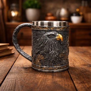 Könnte beinhalten: Ein detaillierter, zinnfarbener Becher mit einem geformten Adlerkopf und goldenem Schnabel. Der Becher hat einen dekorativen Griff und einen silbernen Rand. Florale und ornamentale Designs sind um den Becherkörper geätzt. Der Becher steht auf einer Holzoberfläche.