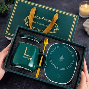 Heated Mug Set - Lucky Coffee Warmer, Desk Accessories, Gift For Her