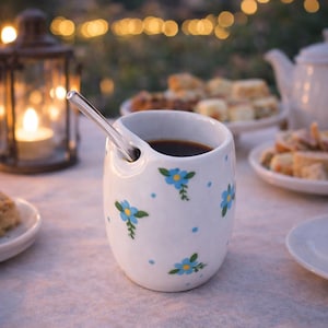 Könnte beinhalten: Eine weiße Keramiktasse mit blauen Blumenmustern, gefüllt mit dunklem Kaffee und einem kleinen Löffel. Die Tasse steht auf einem Tisch mit anderen Gerichten und einer beleuchteten Laterne im Hintergrund.