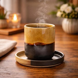 Könnte beinhalten: Eine zweifarbige Keramiktasse mit dunkelbraunem Boden und goldbraunem Oberteil. Die Tasse steht auf einer passenden Untertasse, aus der Dampf aufsteigt. Die Tasse und Untertasse stehen auf einer Holzoberfläche.