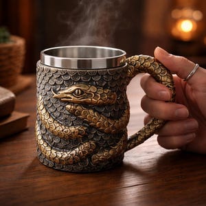 Könnte beinhalten: Eine detaillierte, bronzefarbene Tasse mit einem Edelstahlrand. Die Tasse hat ein geformtes Schlangendesign, das sich um den Körper wickelt und den Griff bildet. Dampf steigt aus der Tasse auf, was auf ein heißes Getränk im Inneren hindeutet. Die Tasse steht auf einer Holzoberfläche.