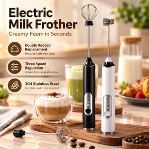 Peut inclure: Deux mousseurs à lait électriques, un noir et un blanc, avec des fouets en acier inoxydable et trois vitesses. Le texte indique Electric Milk Frother, Creamy Foam in Seconds, Double Headed Replacement, Three Speed Regulation, et 304 Stainless Steel.