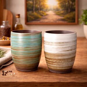 Könnte beinhalten: Zwei Keramikbecher mit horizontalem Streifendesign. Einer ist türkis und braun, der andere ist weiß und braun. Die Innenseite jedes Bechers ist dunkelbraun. Die Becher stehen auf einer Holzoberfläche.