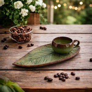 Könnte beinhalten: Ein grünes Keramik-Kaffeebecher- und Untertassen-Set. Die Untertasse ist blattförmig mit detailliertem Adernmuster. Tasse und Untertasse haben einen braunen Rand. Kaffeebohnen sind auf dem Holztisch verstreut.
