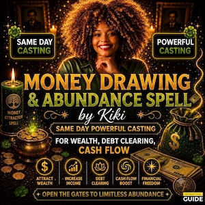 May include: A digital advertisement for a money drawing and abundance spell featuring a person with curly hair, a green candle labeled Money Attractor Spell, a gold pot of coins, a green money bag with a dollar sign, and stacks of US dollar bills.