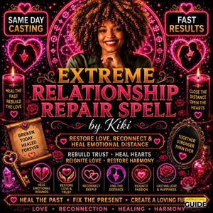 Puede incluir: Un gráfico digital que muestra a una persona con cabello rizado sobre el texto EXTREME RELATIONSHIP REPAIR SPELL by Kiki. El diseño incluye dos velas, un pergamino, corazones, rosas y texto como SAME DAY CASTING y FAST RESULTS.