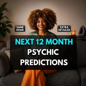 May include: A person with curly brown hair wearing a dark green shirt and orange pants sits on a gray sofa. Text overlays read SAME HOUR, EXTRA DETAILED, and NEXT 12 MONTH PSYCHIC PREDICTIONS. The scene includes a green plant and a candle.