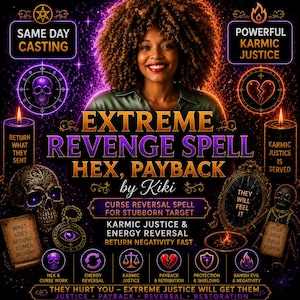 Può includere: Un grafico digitale che mostra una persona sorridente con capelli ricci circondata da immagini mistiche tra cui teschi, candele e simboli. Il testo recita: Extreme Revenge Spell, Hex, Payback by Kiki, Same Day Casting, Powerful Karmic Justice.