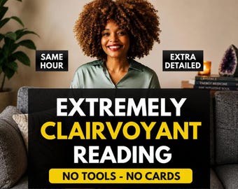 Op de afbeelding: Een digitale afbeelding met de tekst SAME HOUR en EXTRA DETAILED bovenaan. De centrale tekst luidt EXTREMELY CLAIRVOYANT READING in grote witte en gele letters, met de aanvullende tekst NO TOOLS - NO CARDS in een geel kader eronder.