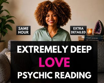 May include: A person with curly brown hair wearing a sage green collared shirt. Text overlays read: SAME HOUR, EXTRA DETAILED, EXTREMELY DEEP LOVE PSYCHIC READING. The person is seated on a gray sofa with books and a purple crystal geode in the background.
