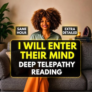 May include: A person with curly brown hair wearing a green shirt sits on a gray sofa. Text on the image reads: SAME HOUR, EXTRA DETAILED, I WILL ENTER THEIR MIND, DEEP TELEPATHY READING. A plant and a crystal are visible in the background.