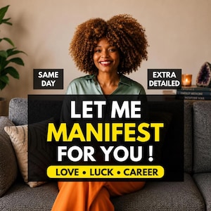 May include: A person with curly brown hair wearing a green collared shirt and orange pants. Text overlays read: SAME DAY, EXTRA DETAILED, LET ME MANIFEST FOR YOU!, LOVE • LUCK • CAREER. The person is positioned in front of a gray sofa with a patterned pillow.