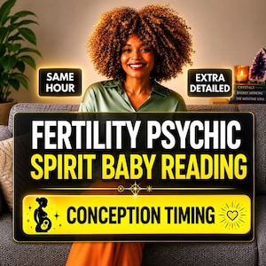 May include: A digital graphic featuring a person with curly hair and the text: SAME HOUR, EXTRA DETAILED, FERTILITY PSYCHIC SPIRIT BABY READING, and CONCEPTION TIMING. The design includes a silhouette of a pregnant person and a heart icon.