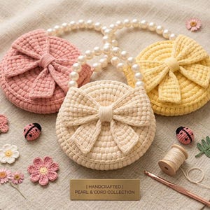 May include: Three round crochet bags in pink, cream, and yellow, each featuring a large central bow and a white pearl bead handle. The bags are displayed with small crocheted flowers, ladybugs, a spool of thread, and a metal label reading HANDCRAFTED PEARL & CORD COLLECTION.