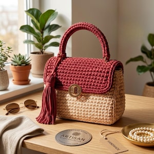 Op de afbeelding: Handgemaakte, tweekleurige handtas met een rode bovenkant en een beige onderkant. De tas heeft een gevlochten handvat, een kwast en een goudkleurige sluiting. De tas staat op een houten tafel met accessoires.