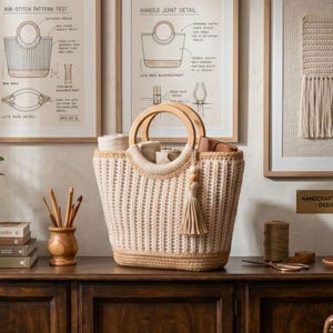 May include: A beige and tan crocheted tote bag with two round wooden handles and a matching tassel accessory. The bag features a ribbed texture, a reinforced base, and is filled with light-colored fabric rolls, displayed on a dark wooden surface.