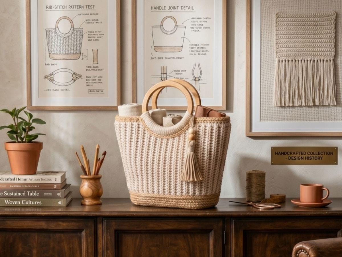 Ribbed Crochet Tote Bag Pattern with Wooden Handles