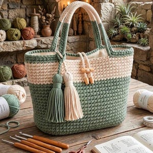 Può includere: Borsa tote all'uncinetto fatta a mano nei colori verde e crema. La borsa presenta un design robusto con interno e manici color crema. Nappe decorative e chiusure a levetta in legno aggiungono dettagli. Sono visibili uncinetti, filato e altri materiali per l'artigianato.