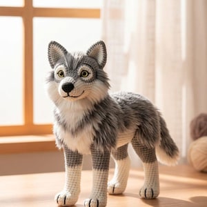 Puede incluir: Un juguete de lobo hecho a mano con ganchillo en tonos grises y blancos, de pie sobre una superficie de madera. El lobo tiene una melena esponjosa, una nariz negra y ojos amarillos. El juguete es detallado y parece suave.