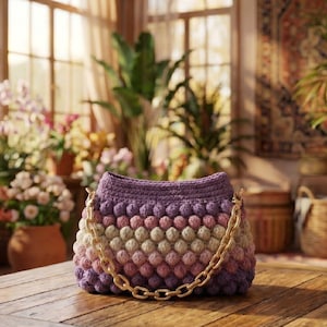 Può includere: Una borsa all'uncinetto con un motivo a punto nocciolina testurizzato in una sfumatura di toni viola, rosa e beige. La borsa include un manico a catena in plastica spessa color oro fissato ai lati con chiusure metalliche.