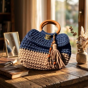 May include: A two-tone crochet handbag with a wooden handle and a decorative tassel. The top half is navy blue, and the bottom half is tan. The bag has a brass clasp and is sitting on a wooden table.