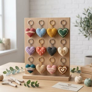May include: A light wood display stand holding twelve crocheted heart keychains in various colours including red, blue, yellow, green, purple, orange, grey, cream, teal, beige, pink, and brown, each attached to a silver metal split ring.