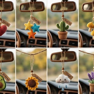 Car Mirror Charm Crochet Pattern PDF, Amigurumi Car Hanging Bundle